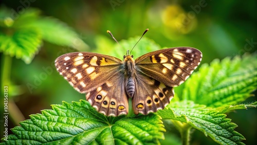 Speckled Wood Butterfly on Nettle in Sunlight - UK Woodland Low Light Photography