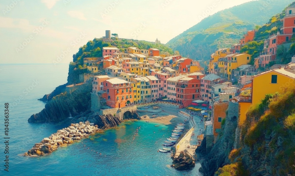 Fototapeta premium Watercolor Manarolla is the most famous panorama from the towns in the Cinque Terre