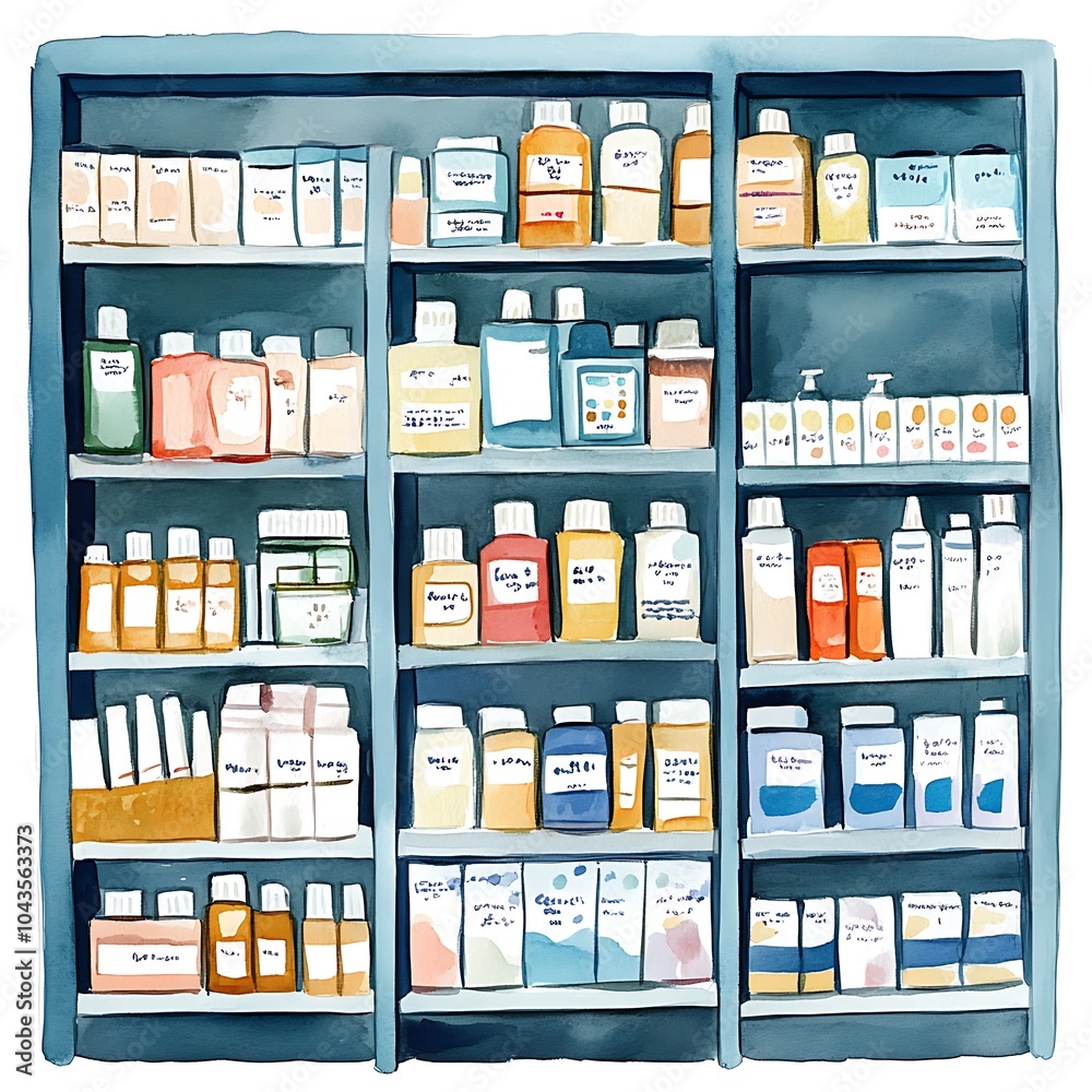 Watercolor Illustration of a Shelf Filled with Bottles.