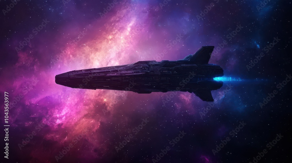 A futuristic spaceship glides through a vibrant galaxy, with colorful cosmic clouds and a trail of light illuminating its path. A futuristic spaceship glides through a vibrant galaxy, with colorful cosmic clouds and a trail of light illuminating its path.