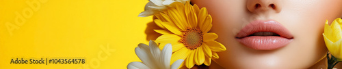 banner - Close-up of a woman's lips surrounded by yellow and white flowers against a bright yellow background