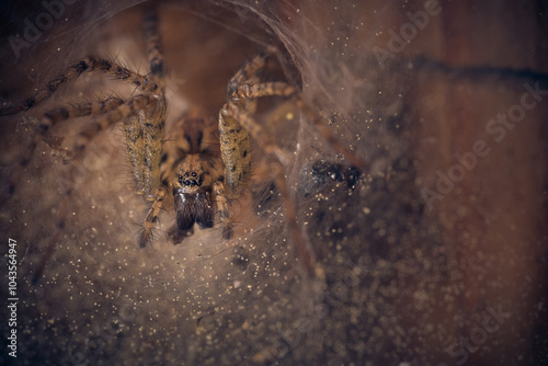 Close-up of a spider nestled in its intricate web, showcasing its delicate hairs and detailed patterns. photo