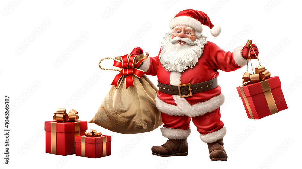 A jolly Santa Claus stands with a sack and gifts, embodying the festive spirit of Christmas, surrounded by colorful presents. A jolly Santa Claus stands with a sack and gifts, embodying the festive spirit of Christmas, surrounded by colorful presents.