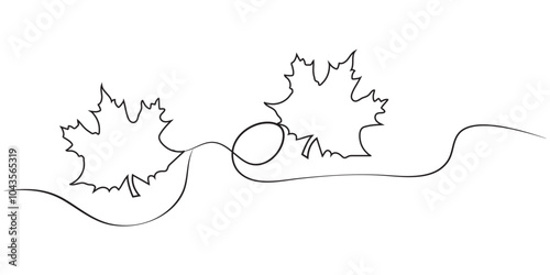 Black and white line art vector illustration of two maple leaves connected by flowing lines, capturing a minimalist and elegant autumn design. 