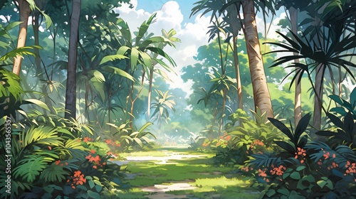 jungle with tropical leaves and big trees, colorful anime style photo