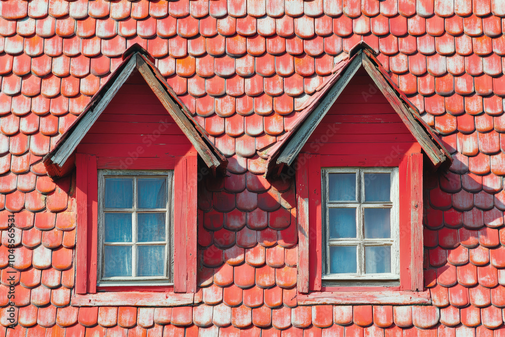 Close-up of a red-tiled roof with intricate design on a traditional house with dormers.
Close-up of a red-tiled roof with intricate design on a traditional house with dormers.
