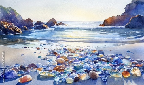 Watercolor Beautiful Glass Pebbles on the Shore at Glass Beach, Fort Bragg, California photo