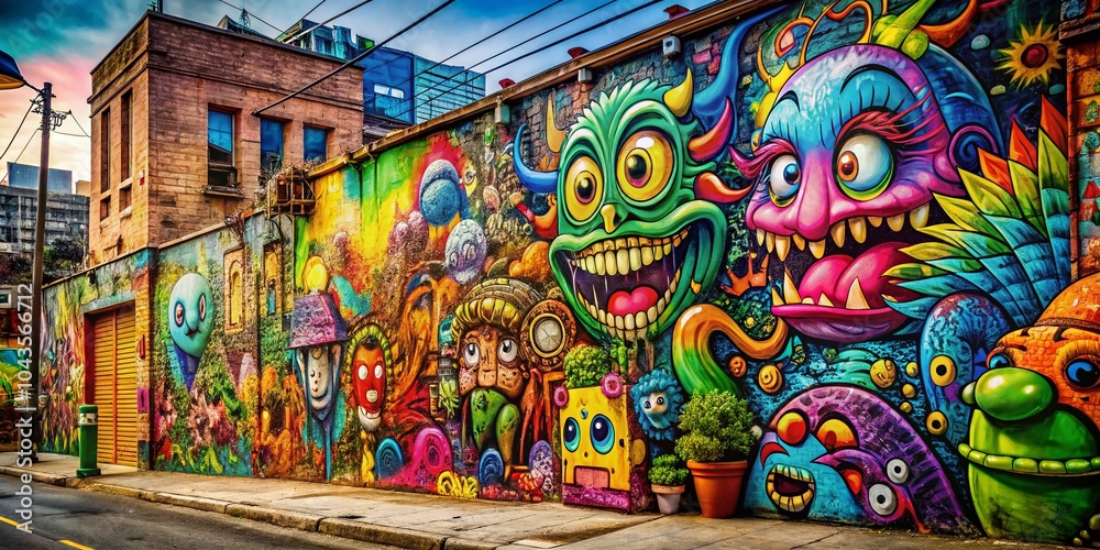 Fototapeta premium Colorful Graffiti Landscape with Grunge Street Art and Doodle Monsters for Urban Photography