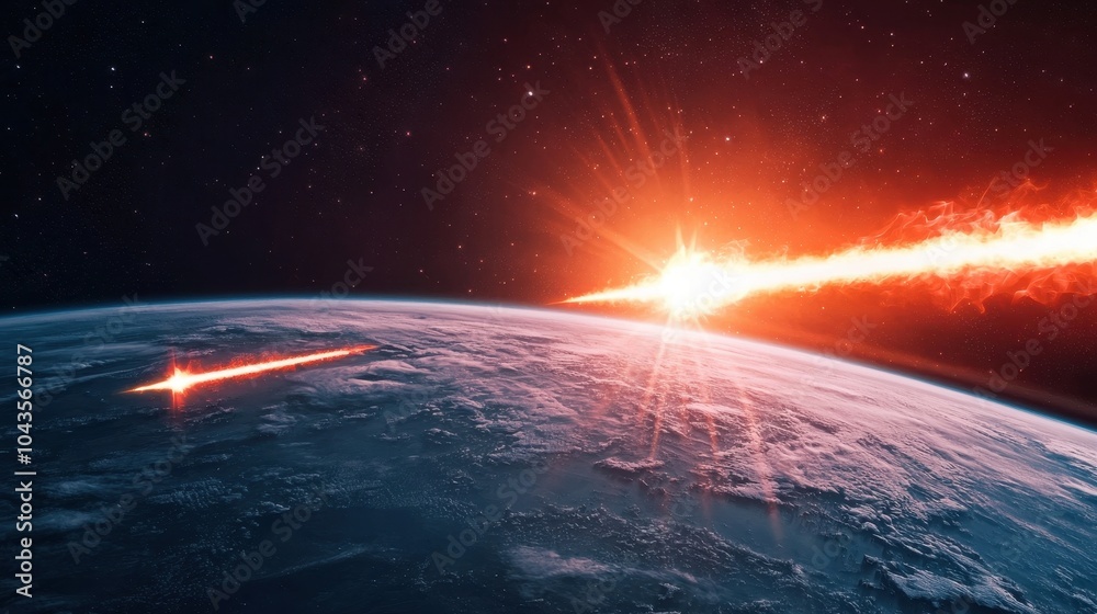 A fiery comet streaks toward Earth, illuminating the space with vibrant colors against a backdrop of stars. A fiery comet streaks toward Earth, illuminating the space with vibrant colors against a backdrop of stars.