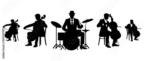 Man playing drum and Cello silhouette black filled vector Illustration icon.