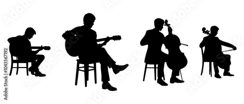 Man playing Guitar and Violin silhouette black filled vector Illustration icon.