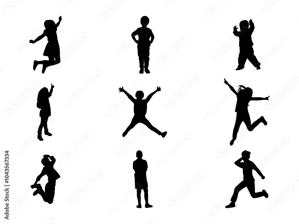 Set of Children Silhouette in various poses isolated on white background Set of Children Silhouette in various poses isolated on white background