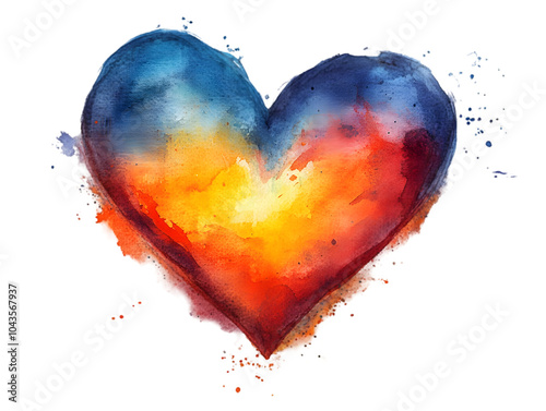 Vibrant watercolor heart blending vivid blues, oranges, and reds.