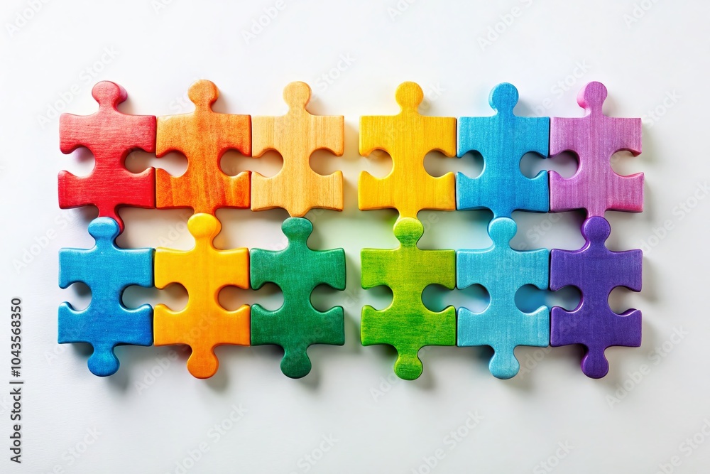 Colorful Rainbow Jigsaw Puzzle Pieces in a Row for Creative Projects Colorful Rainbow Jigsaw Puzzle Pieces in a Row for Creative Projects