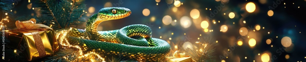 banner Green snake next to gifts in gold packaging, symbol of 2025 according to the Chinese calendar banner Green snake next to gifts in gold packaging, symbol of 2025 according to the Chinese calendar