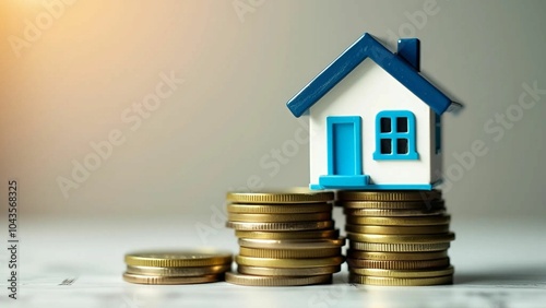 little house stands on coins, real estate concept.