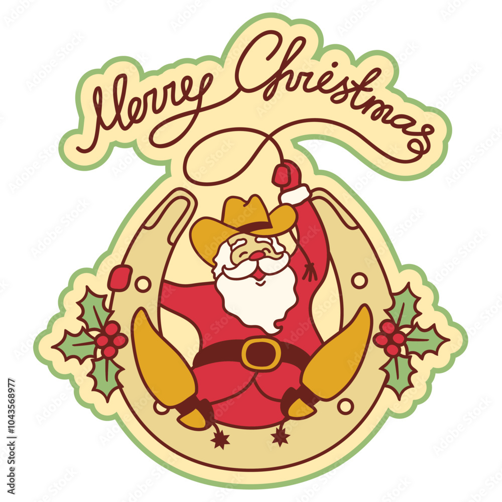 Naklejka premium Santa cowboy christmas . Vector Santa with cowboy boots and western hat sit on horseshoe decorated holly berry and hold lasso christmas text