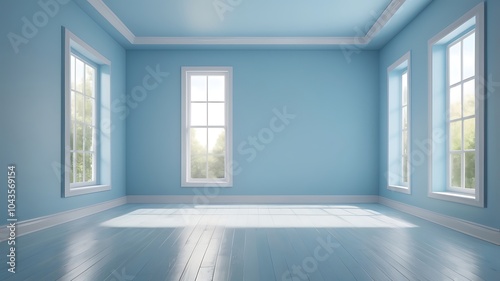 An empty room with a large arched window, light blue walls, and a wooden floor