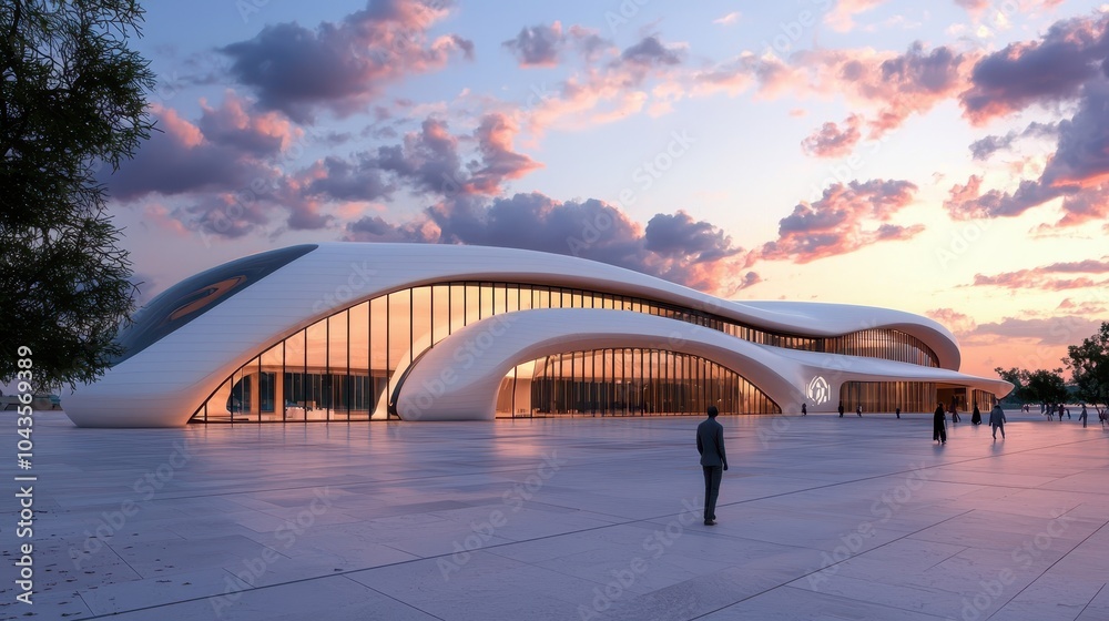 Obraz premium A modern architectural structure featuring flowing curves and expansive glass, set against a vibrant sunset sky.