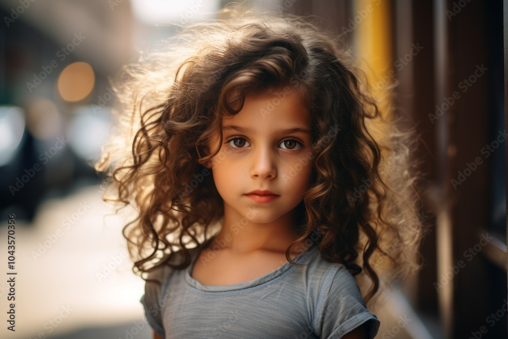 Portrait of a cute little girl with curly hair in the city. Portrait of a cute little girl with curly hair in the city.