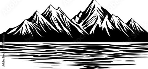 Silhouette of a mountain river landscape in black. Modern template design.
