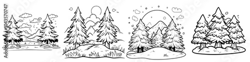 Black and white landscape of pine trees on hills
