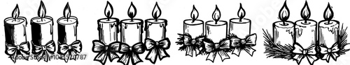 A set of three burning candles with a bow, Christmas, New Year, continuous one line art hand drawing, logo on a black background