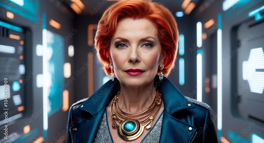 Fototapeta premium redhead mature woman futuristic tech bright background wearing fashion portrait