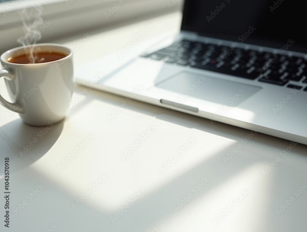 Laptop and steaming coffee on a clean white desk Laptop and steaming coffee on a clean white desk