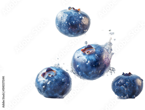 Fresh blueberries splashing in water, capturing their vibrant color and refreshing essence.