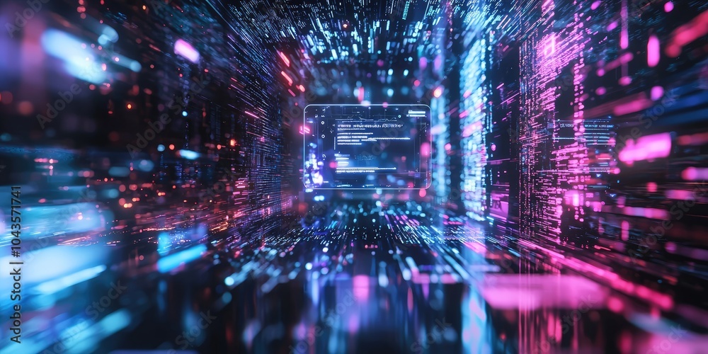 Blurred corporate seminar with a floating hologram displaying a digital signature interface, set against an abstract background. Blurred corporate seminar with a floating hologram displaying a digital signature interface, set against an abstract background.
