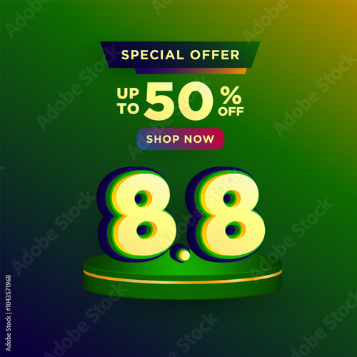 8.8 Shopping day on Green product podium scene vector illustration for banner, poster, social media and website campaign or promotion. August 8 sales banner template design