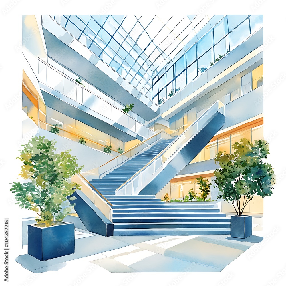 Fototapeta premium Modern Office Building Interior with Staircase and Plants.
