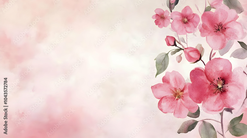 Watercolor painting of pink flowers on a soft pink background.