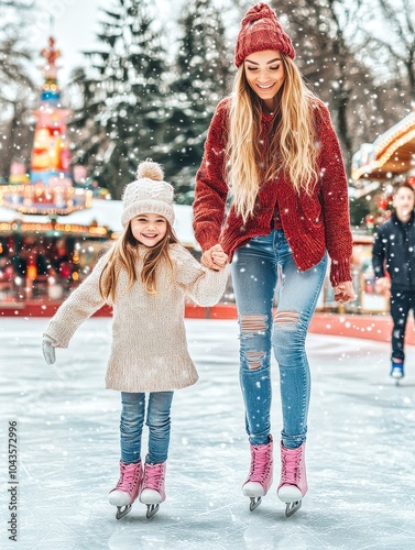 Happy mother and daughter ice skating together on christmas day photo