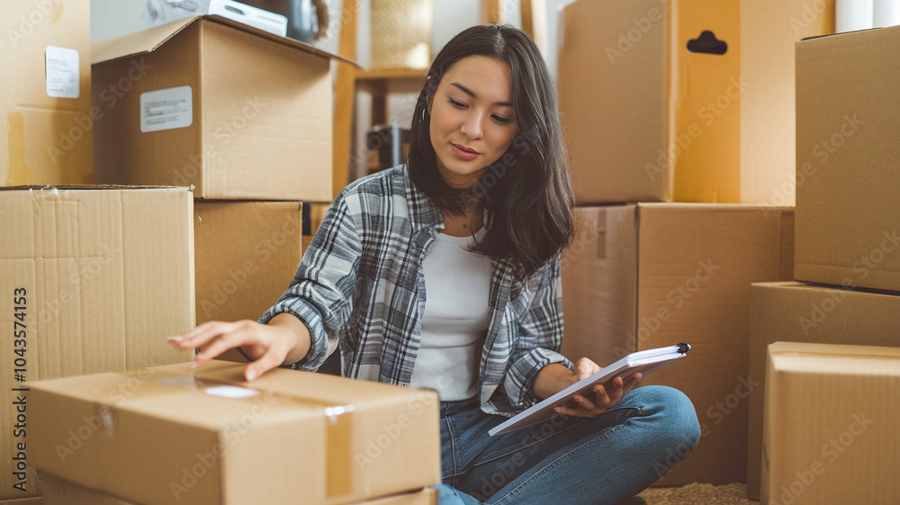 Young Woman Checking Inventory In Cardboard Boxes Young Woman Checking Inventory In Cardboard Boxes