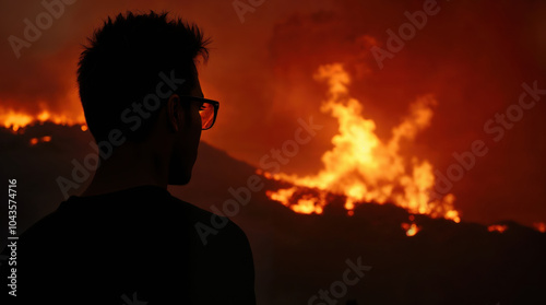 Young man in silhouette watching intense wildfire flames on hillside at night, orange glow reflecting in sunglasses, dramatic natural disaster scene