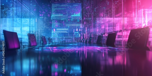 Wallpaper Mural Blurry image of a conference room with a digital signature interface on a floating hologram, set against an abstract background. Torontodigital.ca