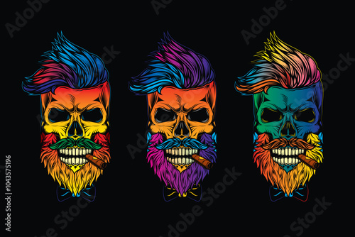 Hipster skull with beard and mustache with cigar in mouth.. Original vector illustration in vintage style. T-shirt design.
