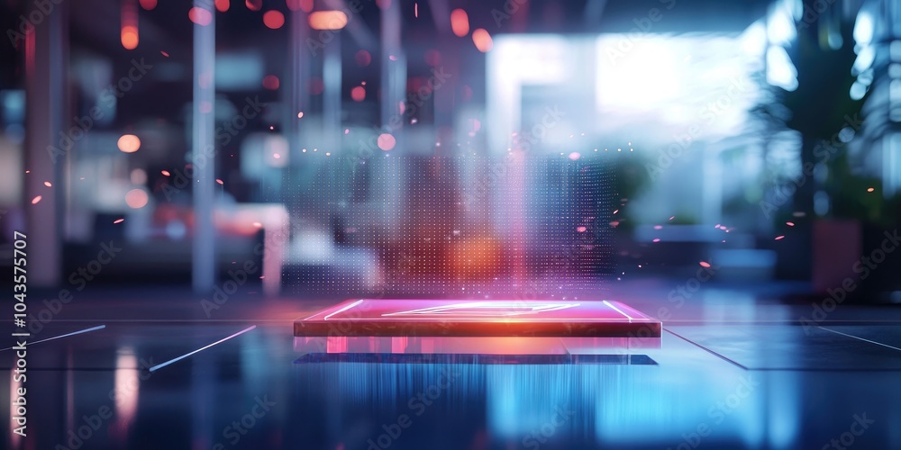Naklejka premium Abstract concept of a digital signature glowing on a floating holographic screen, with a blurred corporate environment.