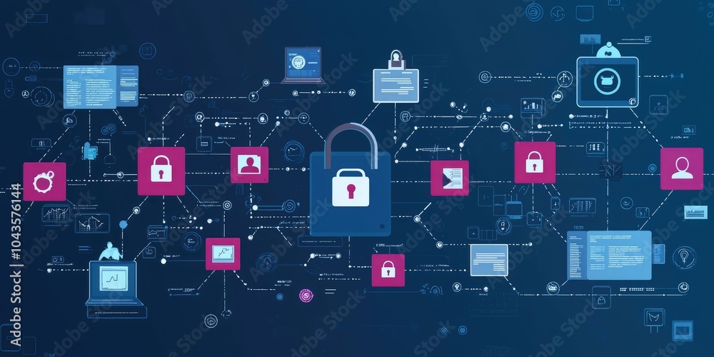 Visualization of a security framework with data flow diagrams, protective actions, and compliance verification. Visualization of a security framework with data flow diagrams, protective actions, and compliance verification.