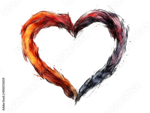 A heart shape formed by fiery and icy brushstrokes, symbolizing the balance between passion and calm.