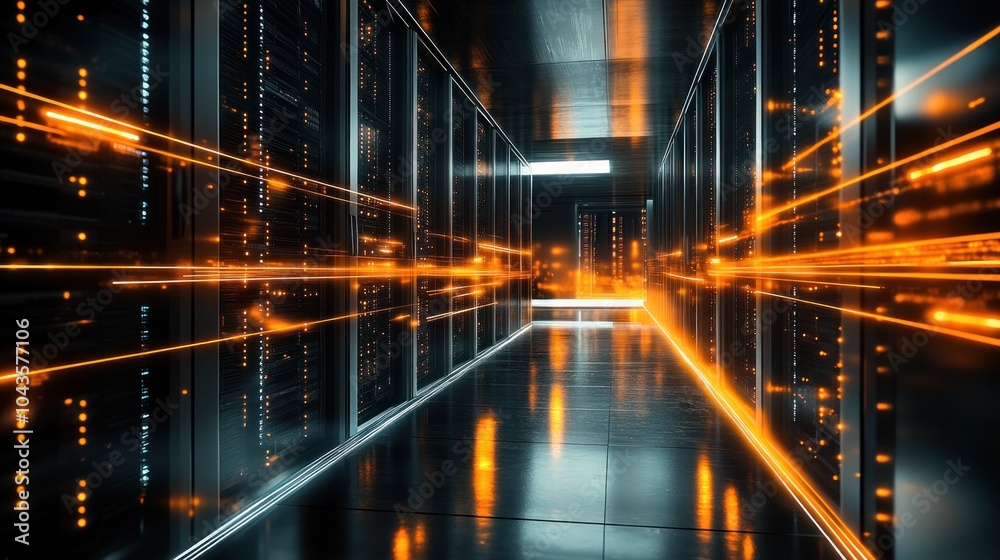 Fototapeta premium A futuristic data center corridor with glowing lines representing data flow.
