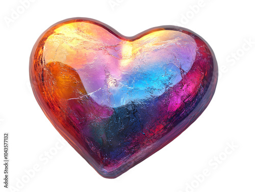 Vibrant iridescent heart with a luminous, holographic appearance and radiant colors.