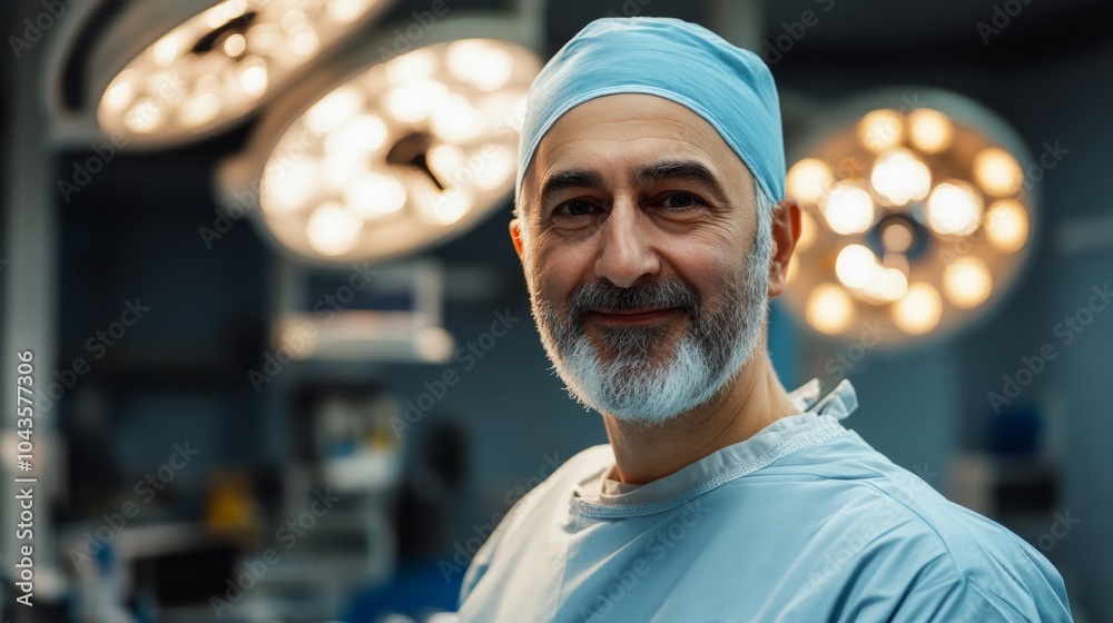 portrait of a professional doctor smiling at the camera with blue suit in operating room portrait of a professional doctor smiling at the camera with blue suit in operating room