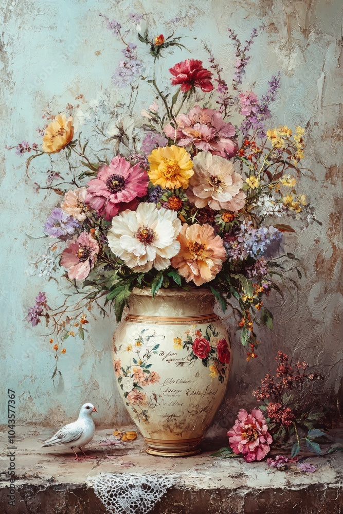 Obraz premium A vibrant floral arrangement in a decorative vase surrounded by nature’s beauty and delicate details