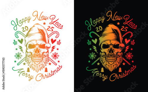 Skull with beard and mustache in Santa Claus hat. Christmas and New Year poster. Original vector illustration in vintage style. T-shirt design.