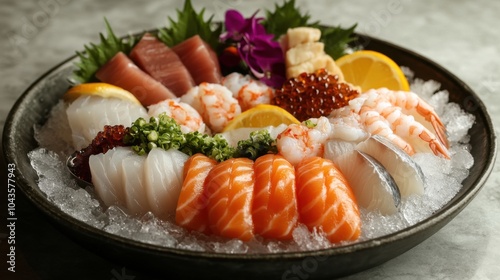 Fresh seafood platter with a variety of fish, shrimp, and scallops on a bed of ice.