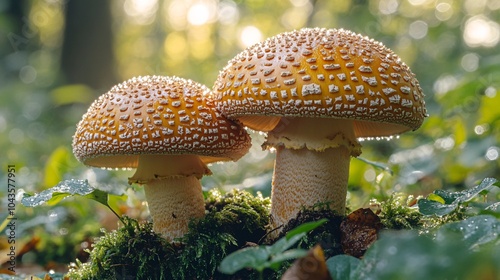 Dewy Mushrooms Reflecting Sunlight in Forest Setting