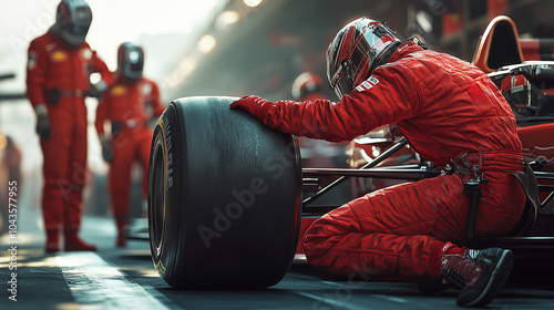 Mechanic Inspecting Tire in the Pit Lane